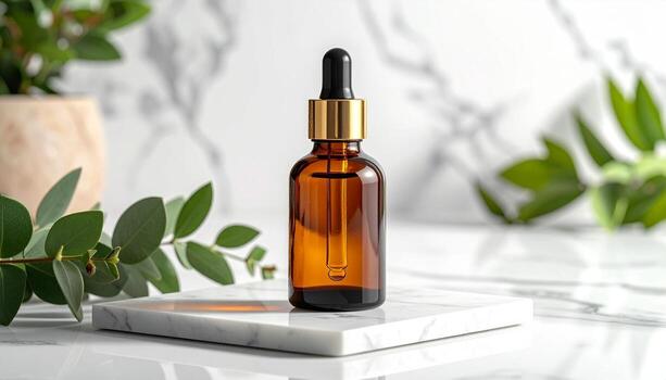 amber glass dropper bottle with natural elements for skincare photo